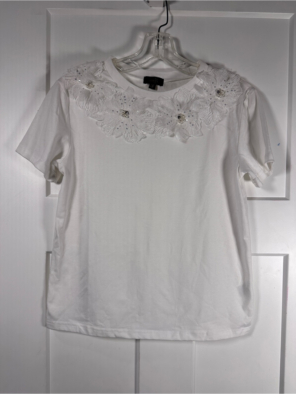 Ontwelfth White Short-Sleeve Tee with Floral Embellished Pearl Rhinestone Yoke